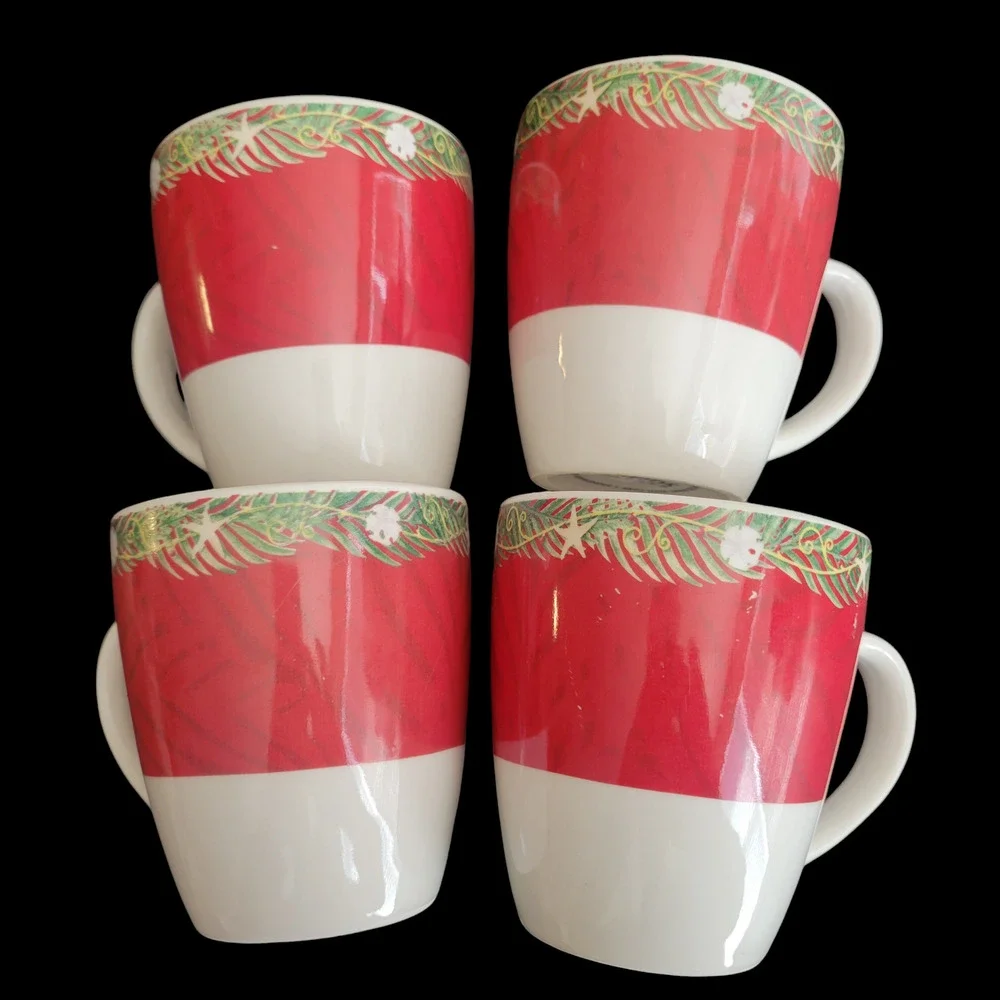 Vintage Oneida Christmas Palm Tree Cups Mugs Sand Dollars Starfish Set of 4 Rare